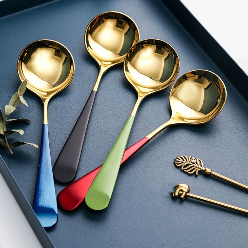 Cucharas de café elegantes de acero inoxidable para postre, utensilios de cocina, cucharas redondas de , 5 colores, 1 Uds.