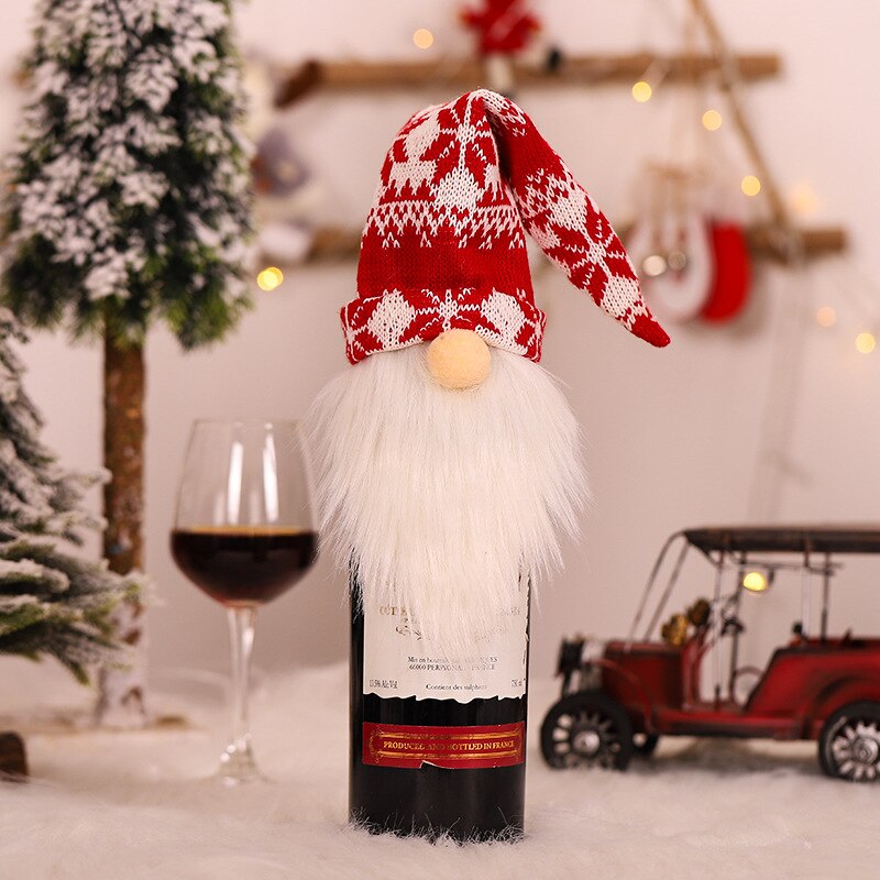 Topphatt jultomten flaskskydd juldekor vinflaskskydd navidad årsdekor jultomten stickad rödvinsflaska: Röd