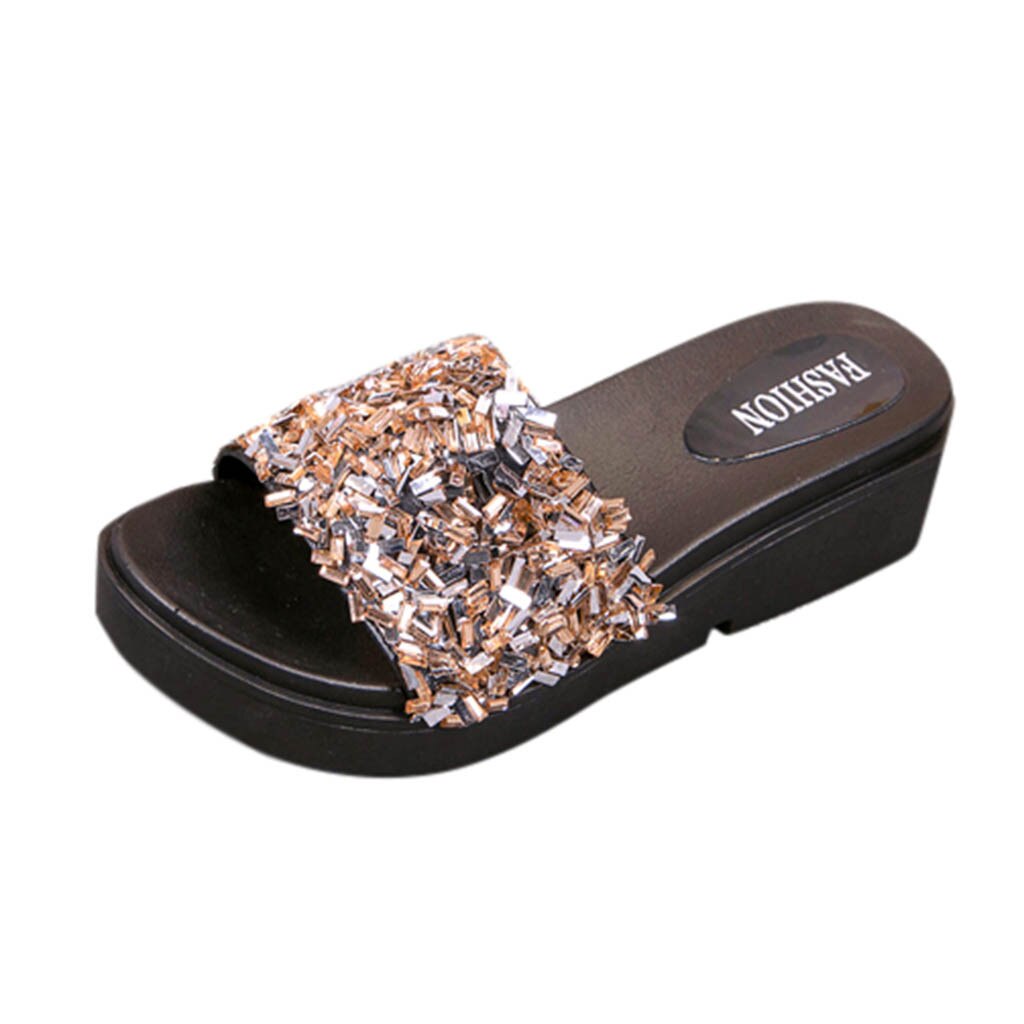 Chamsgend sandaler dam sommar strandskor halkfria plattbottna tofflor bekväma vilda utomhussandaler: Guld- / 39