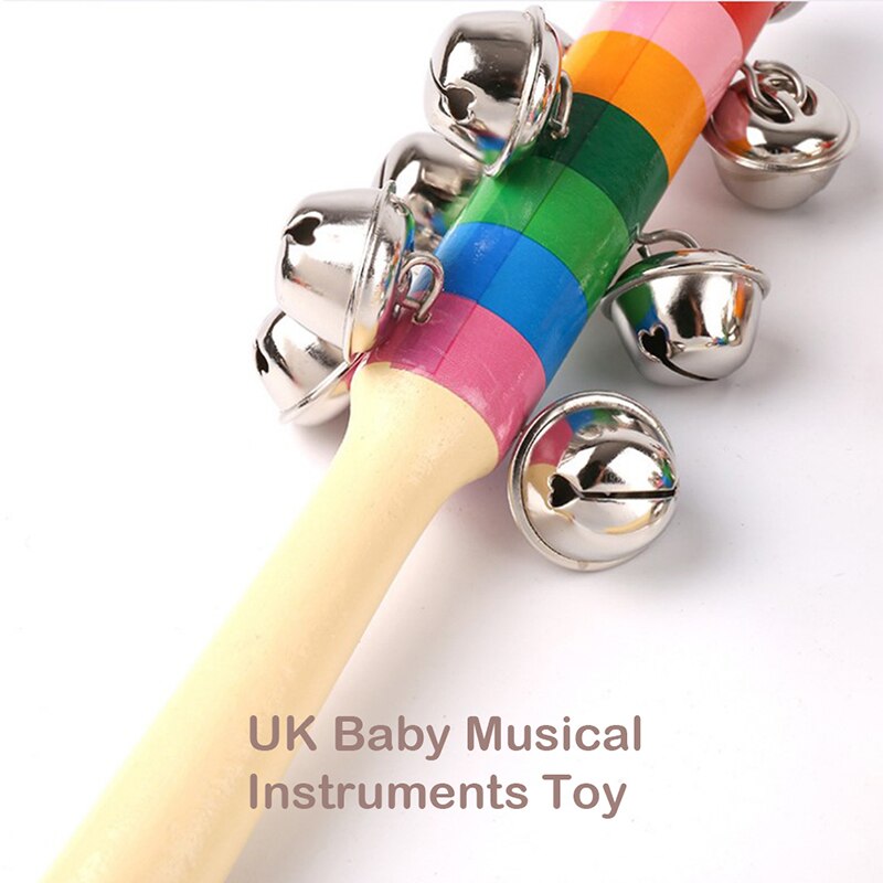 1 pc Wooden Stick 10 Jingle Bells Rainbow Hand Shake Bell Rattles Baby Kids Children Educational Toy