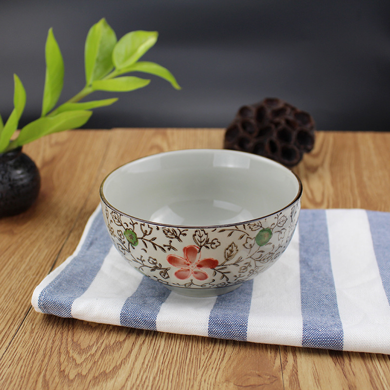Japanese-style Plates And Bowls Round Floral Ceramic Plate Household Dinner Dishes Rice Soup Noodles Bowl Tableware: D-bowl