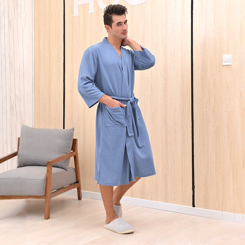 Grande taille robe de chambre homme gaufre Plaid peignoir homme solide bain Rob Hotel maison chemise de nuit à manches longues à lacets manteau pyjamas