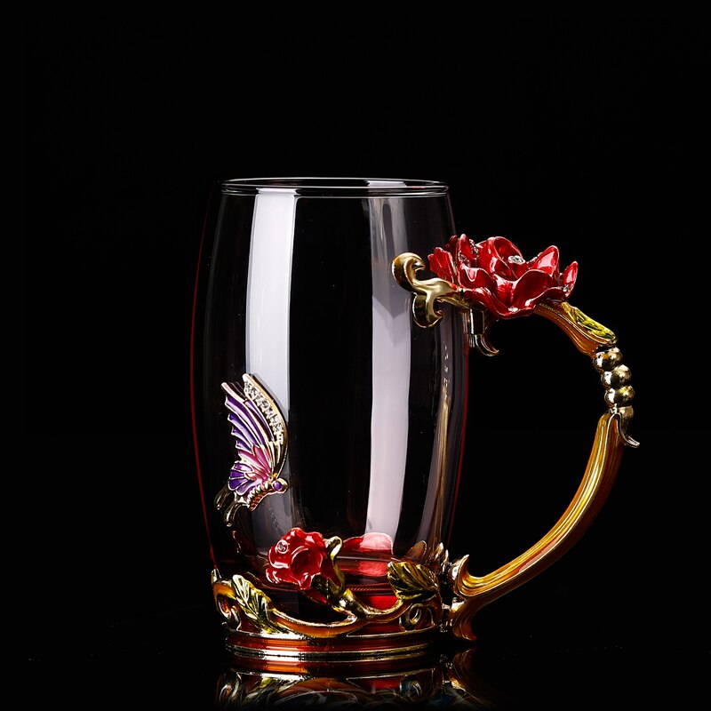 Glass Coffee Mug Tea Cup Enamel Crystal Flower High-grade Handgrip for Lover Wedding R2078: Red 2