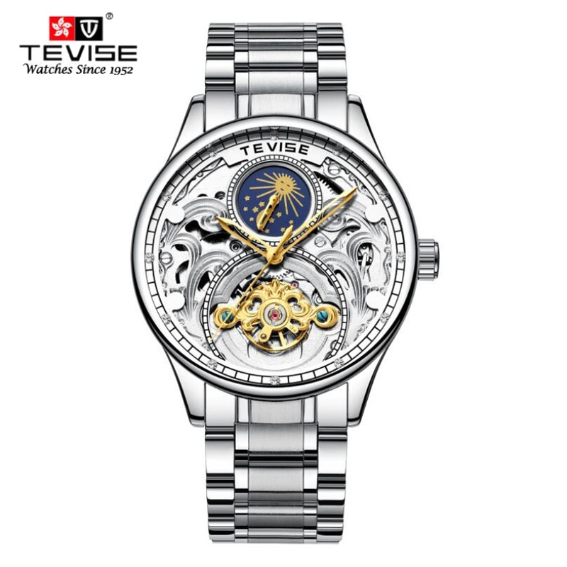 Montre TEVISE phase de lune tourbillon creux automatique mécanique en acier inoxydable poignet hommes montres main bracelet montre