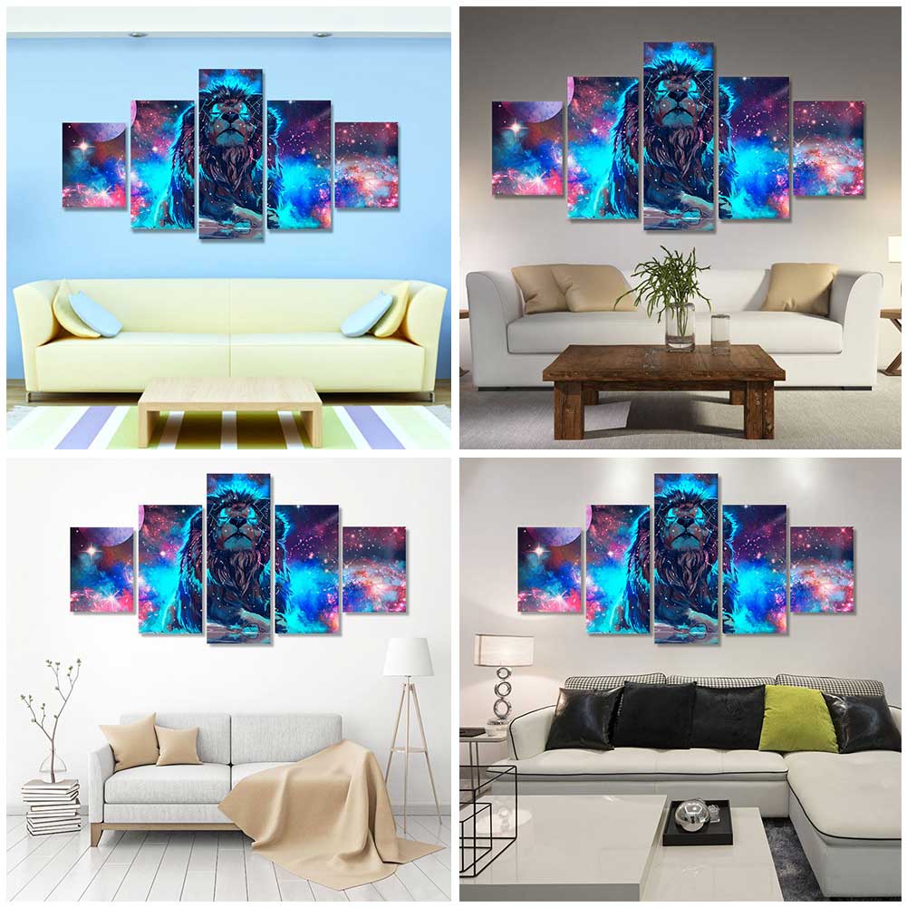 5 Panel Oil Painting Starry Sky Lion Art Canvas Wall Hanging Art Landscape Modern Living Room Decoration Painting Frameless