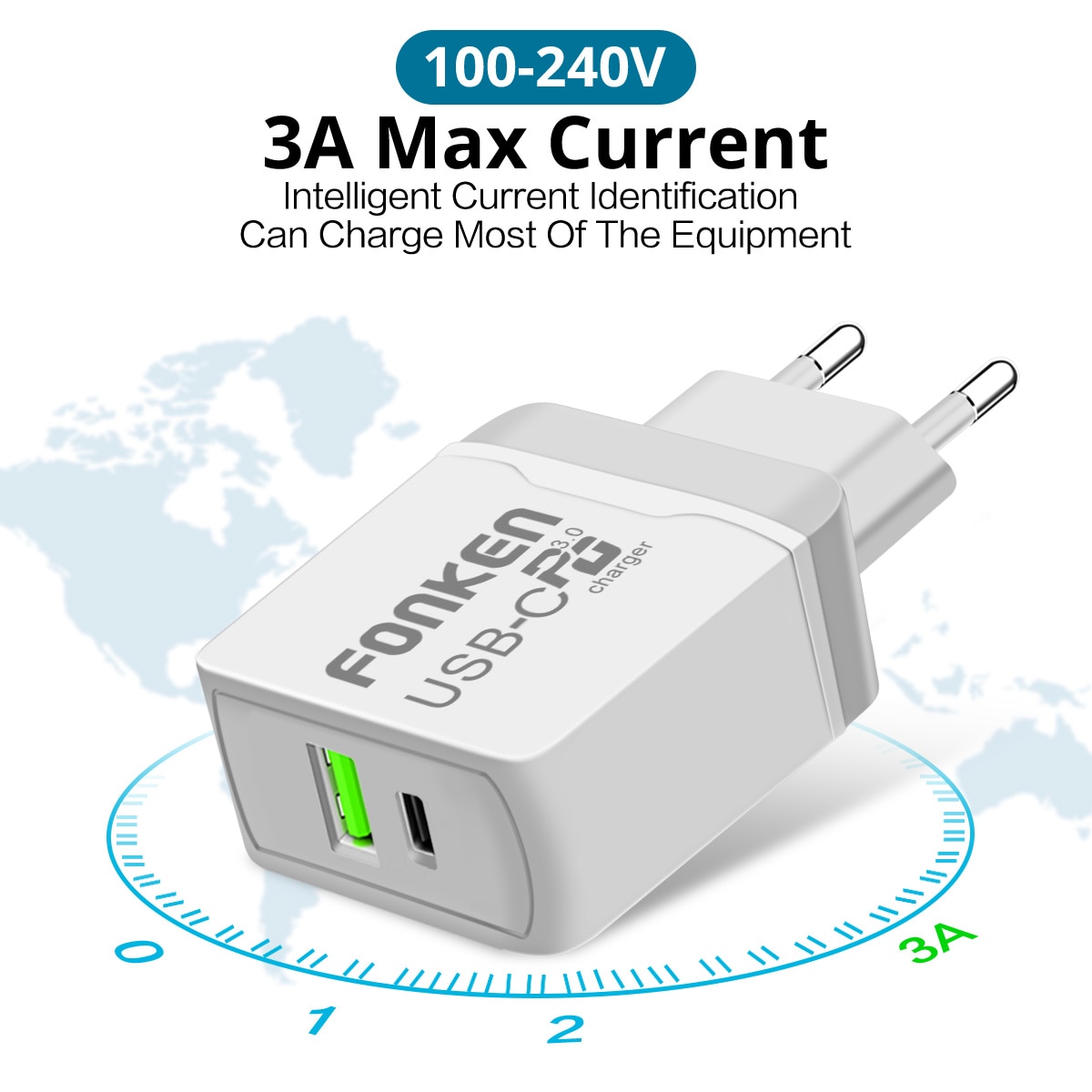 FONKEN USB C PD Charger Dual Port Fast Charging for Phone Adapter 2 Port 30W QC 4.0 3.0 Quick Charge Wall Chargers