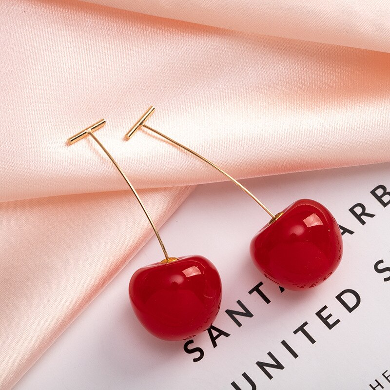 Pendientes de simulación de cereza roja para mujer y niña, aretes de resina dulce, color dorado, , 1 par, novedad: e837hong