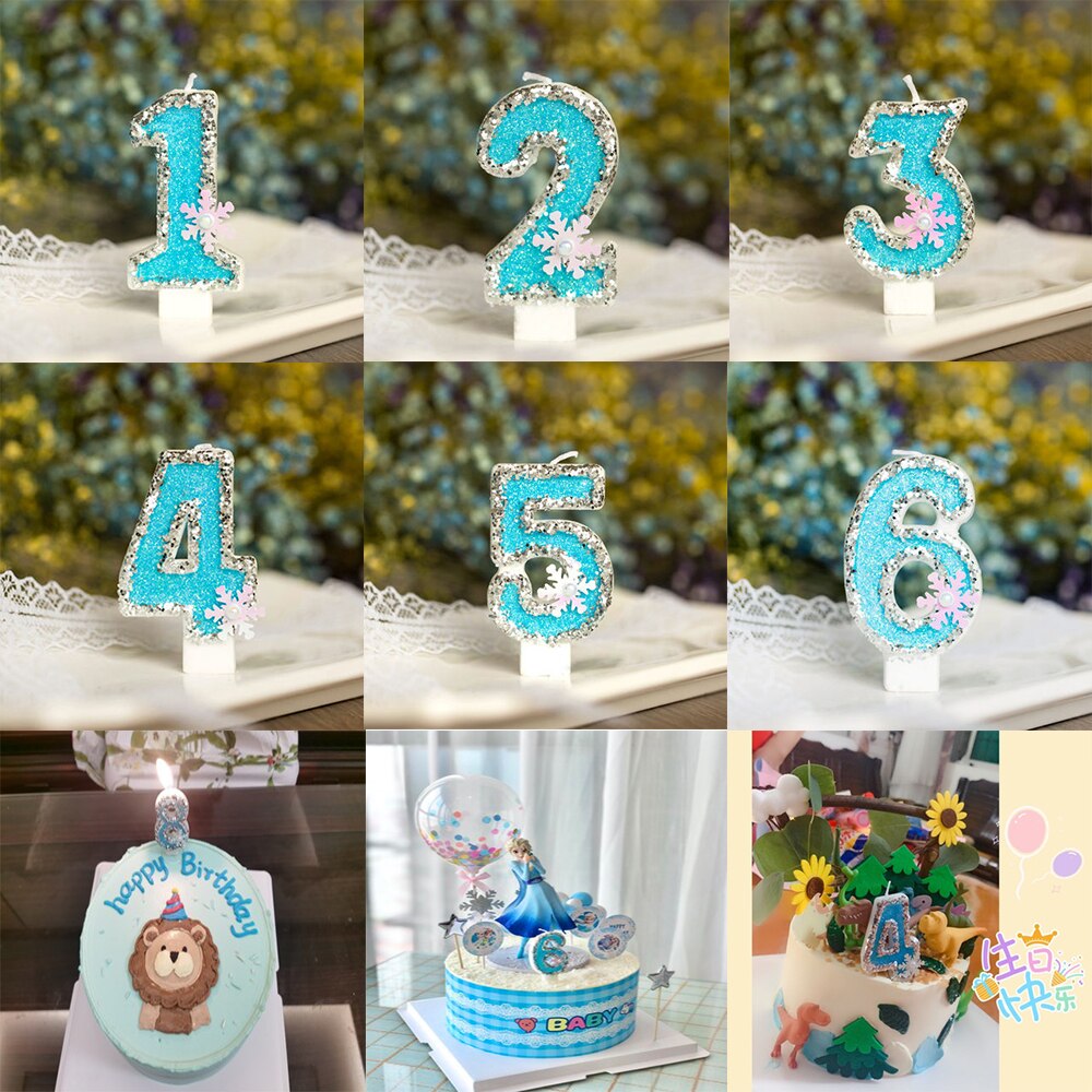 1Pc Blauwe Sneeuwvlok Aantal Cake Toppers Verjaardag Decoratie Bruiloft Goud Zilver Digitale Cakes Dessert Ornament Voor Kinderen