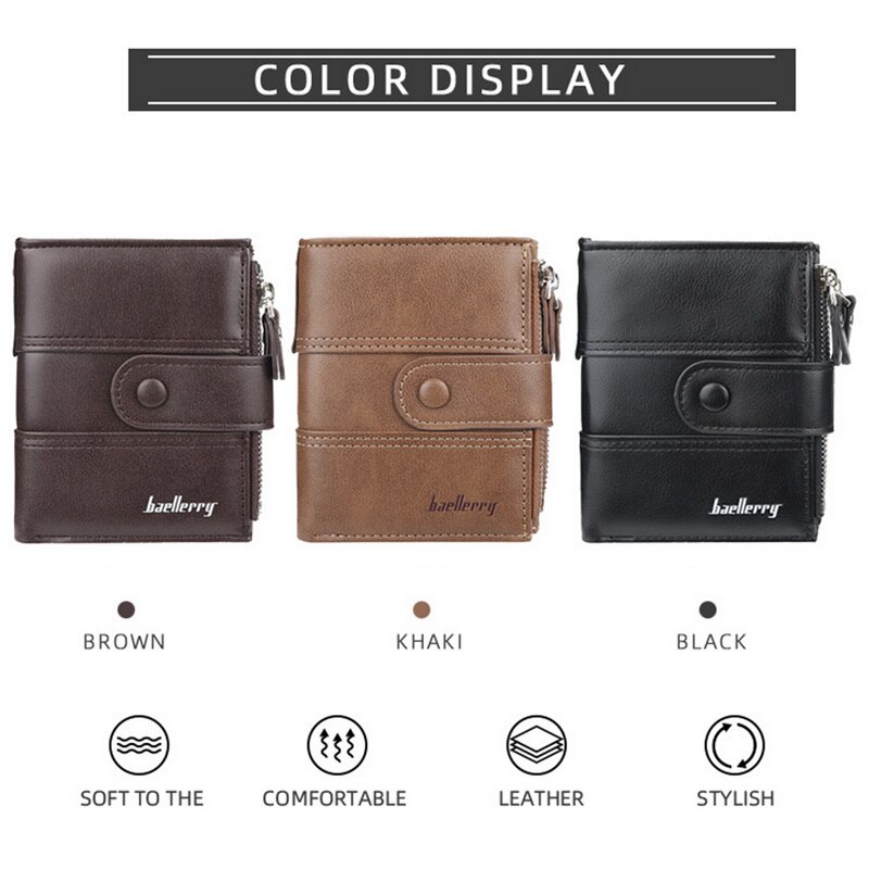 Baellery vintage curto carteira masculina de couro duplo zíperes multifunction business wallet men coin pocket alta qualidade masculino bolsa