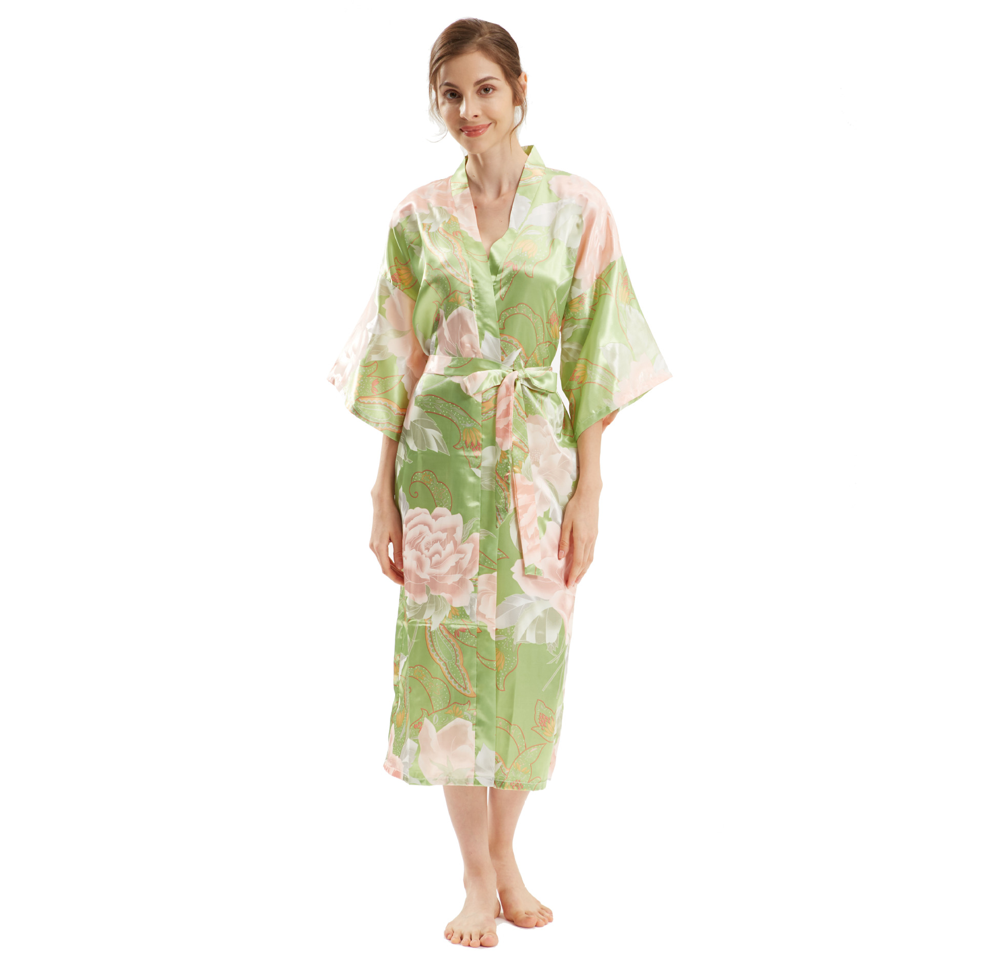 Sexy Bride Bridesmaid Wedding Dressing Woman Kimono Flower Print Satin Silk Yukata Bathing Robe: GRAY