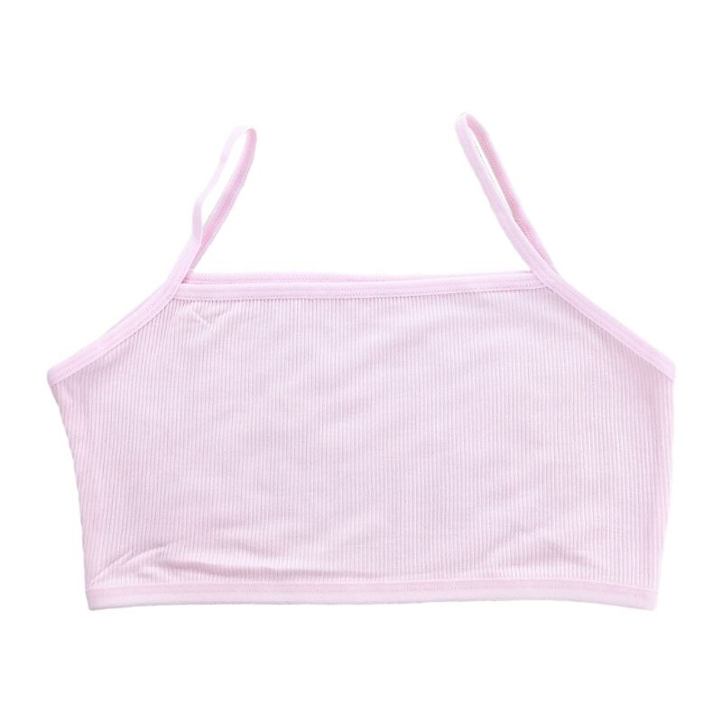 KLV School Student Girls Tanks Sport Training Bra Spaghetti Strap Bandeau Cami Crop Top Single Layer Ribbed Underwear 8 Colors: Pink