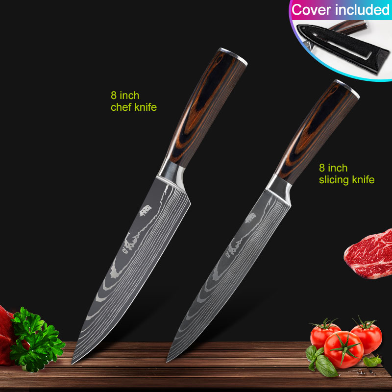 Köksknivar set kockknivar rostfritt stål imitation damaskus mönster santoku klyv skärning verktygsknivar: 2 st sats a