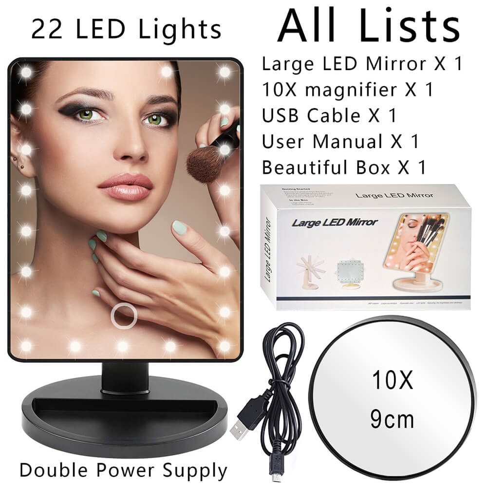 10X Grote Led Licht Make-Up Spiegel Lamp Vergrootglas Batterij Draagbare Vanity Glas Mini Miroir Badkamer Cosmetische Bad Zuignap: Large 22 LED Black
