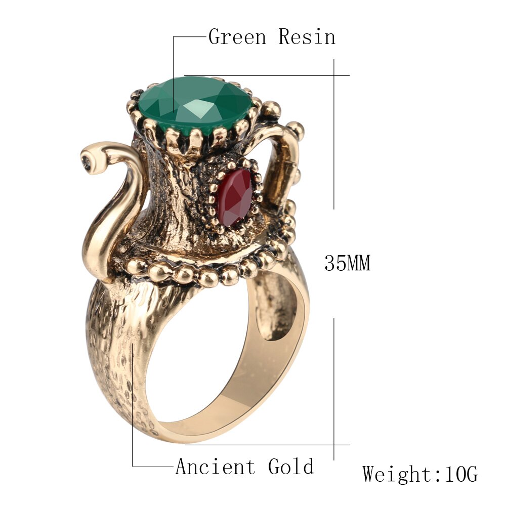 Kinel vintage smycken vinkanna antik ring guld färg kvinnor grön harts bröllopsfest ring jul: 7