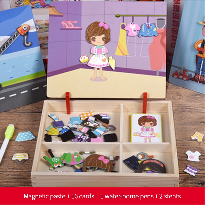 Wooden Magnetic Puzzle Character/baby Dressing/transportation/circus Dressing Boxed Educational Toy Puzzles: girl