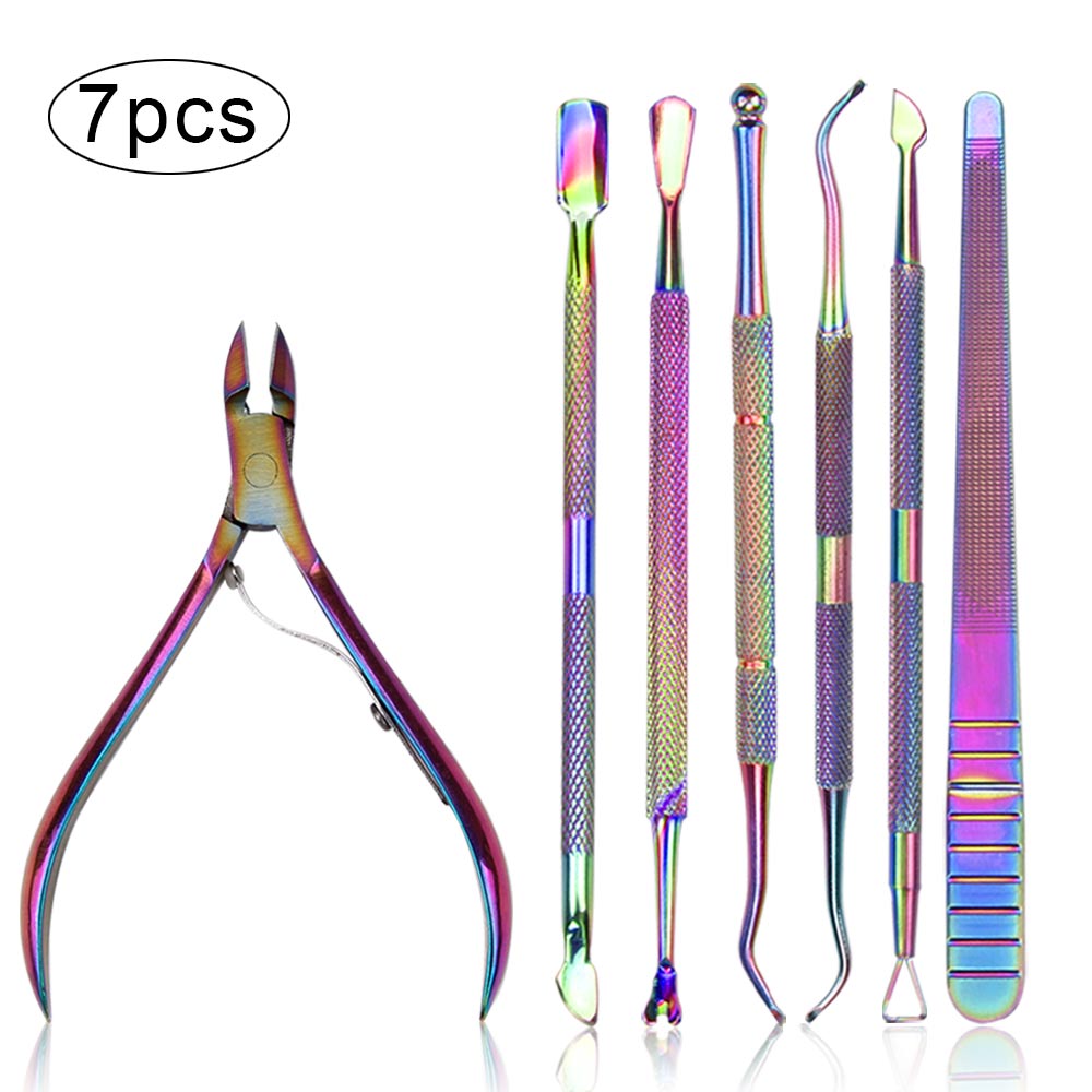 Removedor de cutículas, tijeras de manicura, empujador de cutículas, tijeras de piel muerta, pinzas de cutículas de acero inoxidable, juego de manicura, herramientas para uñas: 7pcs