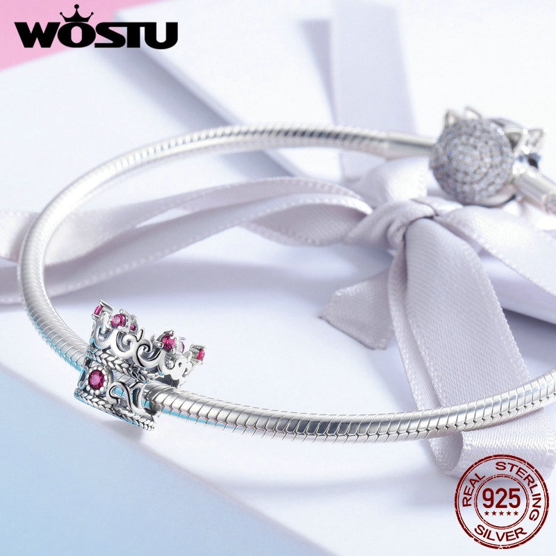 WOSTU 100% 925 Sterling Silver Queen's Crown Roze CZ Bedels fit Originele Armband & Ketting Vrouwen Mode-sieraden CQC776