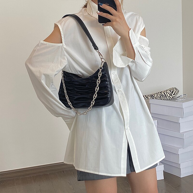 Sacs à main vintage plissés pour femmes, en cuir pu, avec chaîne, hobos, sac à bandoulière, sacoches pour filles