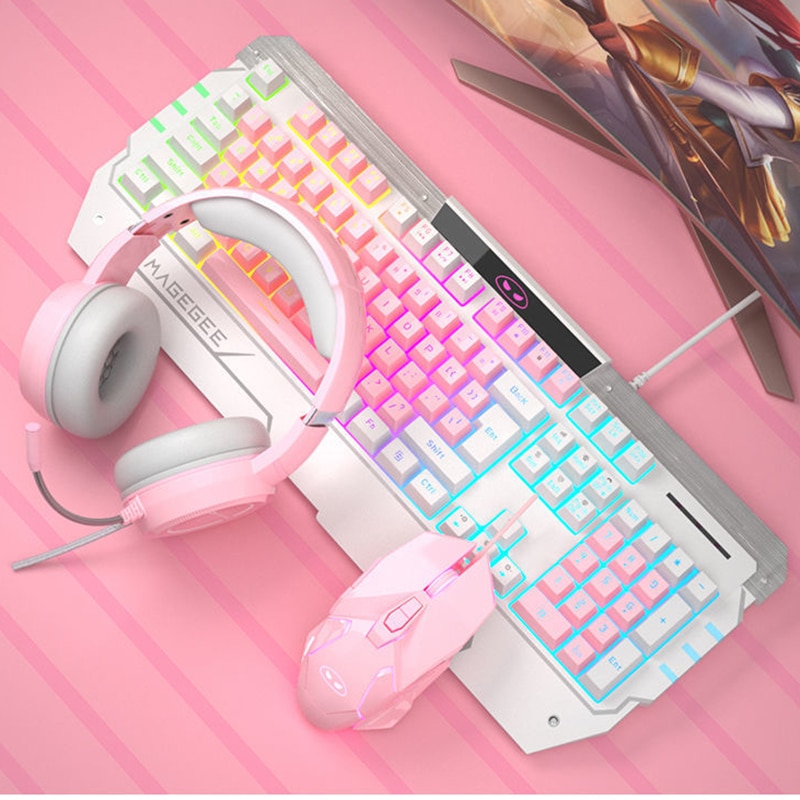 Clavier de jeu mécanique à câble USB rose pour filles, avec capuchons de touches, souris et écouteurs