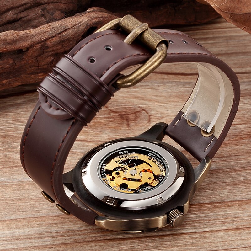 Horloge Mannen Mechanische Automatische Horloge Steampunk Skeleton Self Kronkelende Heren Horloge Retro Lederen Horloge Mannelijke Klok Montre Homme