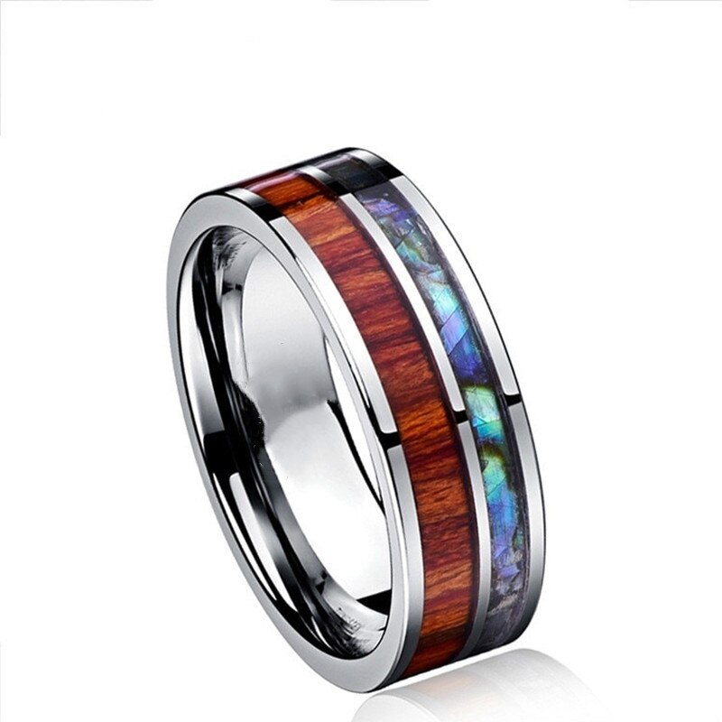 FDLK Schmuck 8mm Holz Koa Hawaiian und Abalone Shell Edelstahl Ringe für Männer Comfort Fit Ring