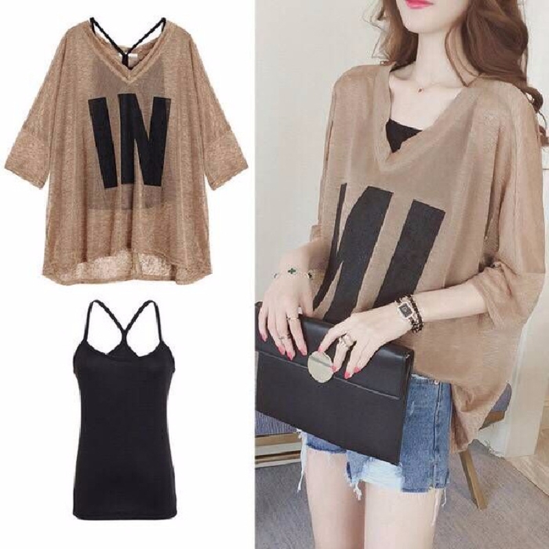 Dames Halve Mouw Losse T-Shirts V-Hals Zomer Causale Brief Print Gewassen Tops Pullovers Tees Streetwear Y 2K 2 Stuks T-Shirt + Tank