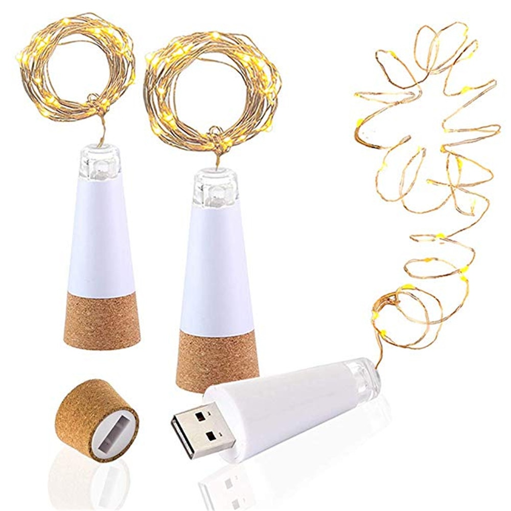 Luces de botella de corcho USB de 20 Leds, luces LED estrelladas de cadena de alambre de cobre recargable alimentadas por USB para decoración de de boda DIY