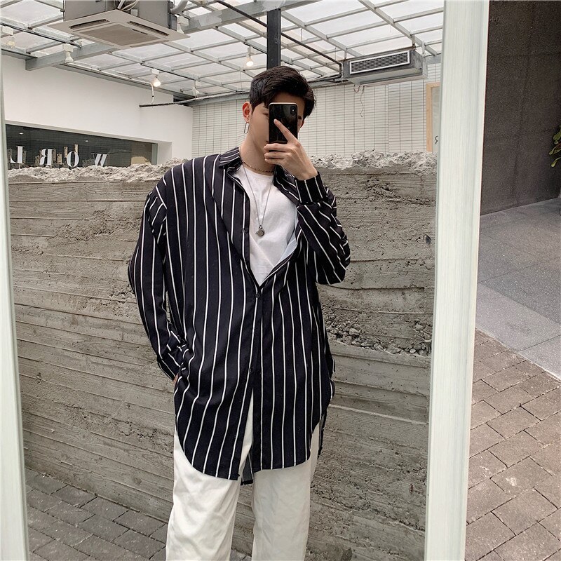 Hombres Streetwear Hip Hop suelta Casual camisas a rayas de hombre camisa de manga larga estilo playa prendas de vestir exteriores Cardigan