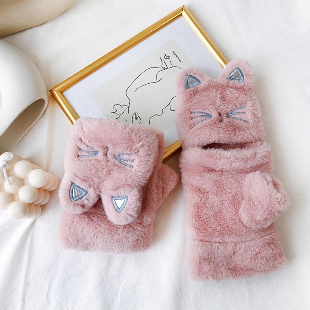 Winter Gloves For Girls Women Lovely Cat Embroidery Thickening Clamshell Plush Gloves Soft Keep Warm Gloves