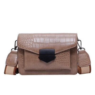 Kleine Krokodil Patroon Crossbody Tas Voor Vrouwen Lederen Brede Riem Vrouwelijke Schoudertas Casual Dames Messenger Flap Bag: khaki