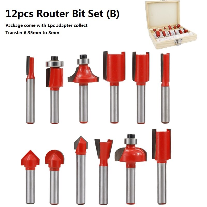 Carbide Router Bit Kit Wood Milling 6 Bearing Tungsten Cutting Router Set Tools 15pc For Woodworking Engraving Slot Trim Cutter: 12pcs Set B