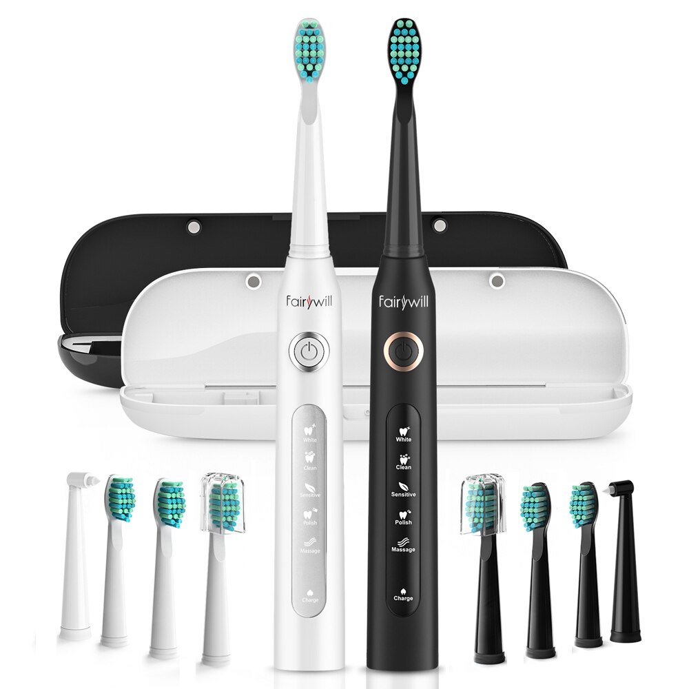 Fairywill Electric Sonic Toothbrush 5 Modes Replacement Heads Waterproof Rechargeable Powerful Cleaning Soft Heads Toothbrush: FW-507-420-BW-Set