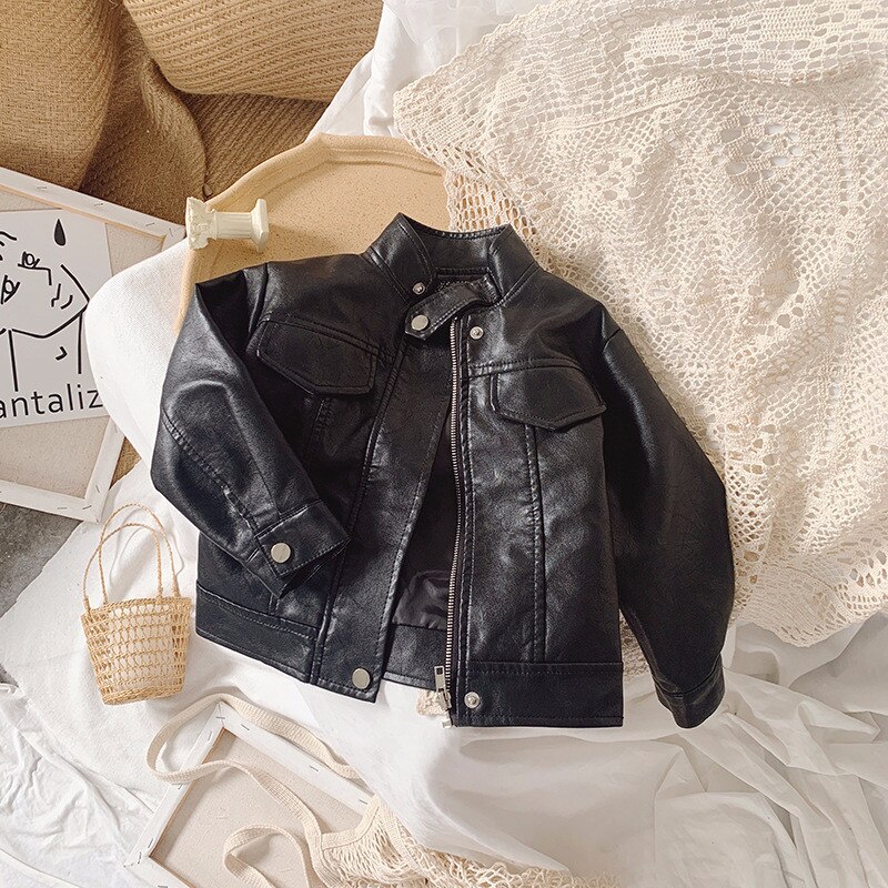 Baby Girls Leather Jacket Autumn Children's Stand-up Collar Motorcycle Clothing for Kids Black Outwear Coat 1-7Y: 2T
