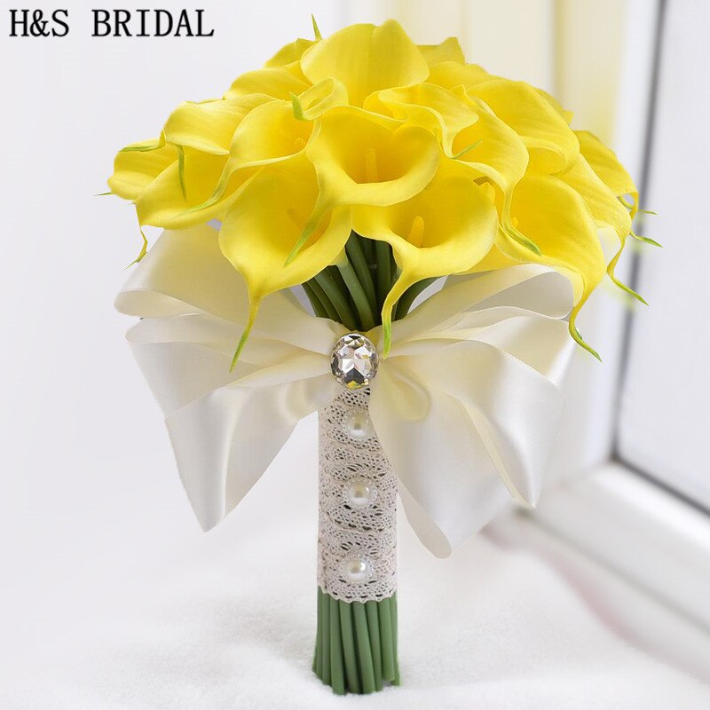 Beautiful White Yellow Calla Lily Wedding Bouquet Brides Bridesmaid artificial flower buque de noiva bouquet wedding bouquet