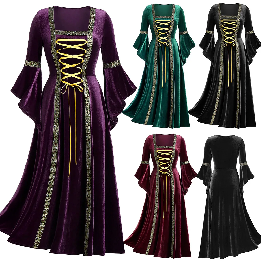 Robe Longue à Manches Longues pour Femmes, Style Pertanianval Giavegant, Cosplay, Robe Gothique d'Halloween à Bands, Kostüm