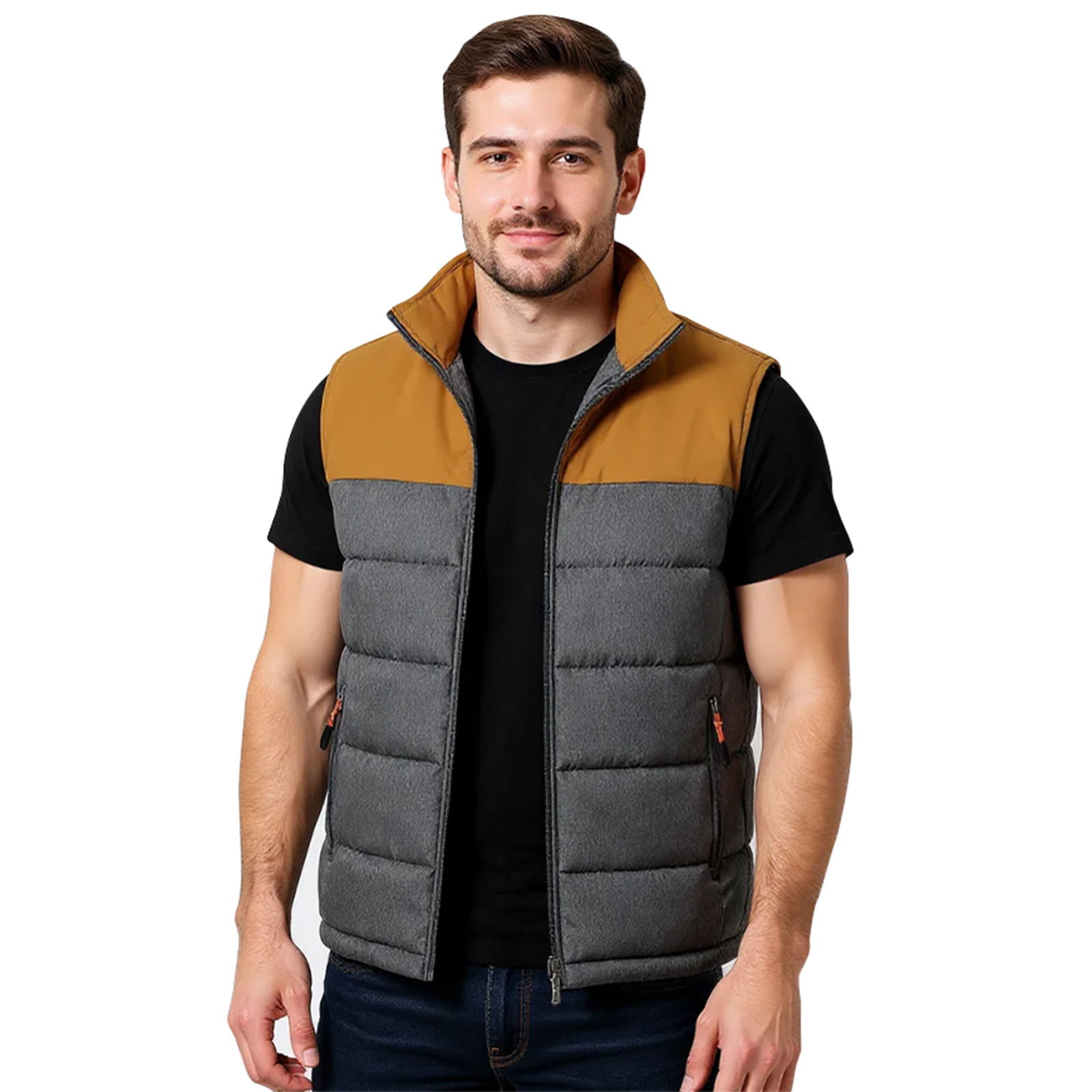 Otoño Invierno chaqueta Casual suelta para hombre sin mangas con cremallera abajo chaleco masculino Color sólido chalecos cálidos abrigos con cuello levantado para hombre: L / Castaño