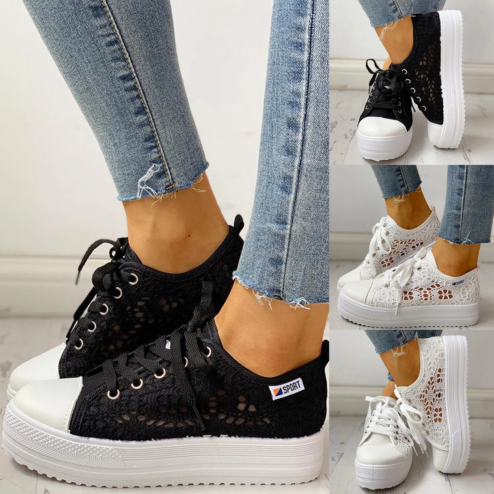 Vrouwen Mode Effen Kleuren Lace Casual Platte Mesh Ademend Platform Canvas Lace-Up Enkele Wandelschoenen Sneakers Schoeisel # G4