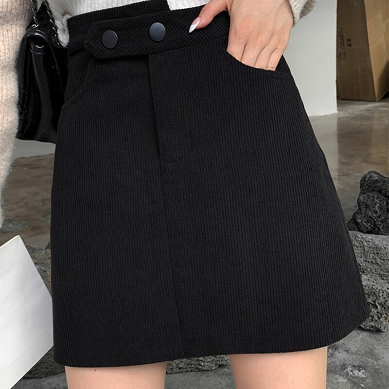 Women Casual Mini Skirt Ladies Winter Korean Japan Harajuku High Waist A-Line Solid Button Skirts Slim Office Streetwear: hei / S