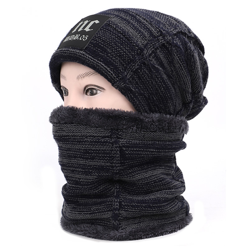 Nc label herr och dam bomullsmössa scarf kostym herr vintermössa scarf 2 delar set plus sammet tjock utomhus varm mössa: Marin