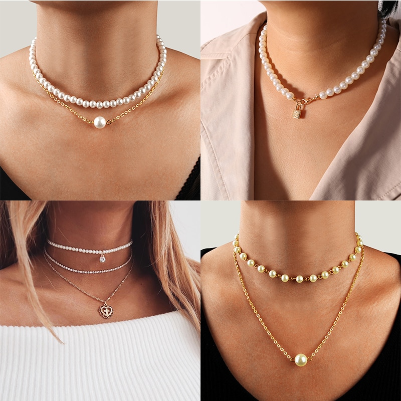 YWZIXLN Boho Charm Gold Color Multi-layer Pearl Chain Necklaces Bijoux For Women Choker Jewelry N068