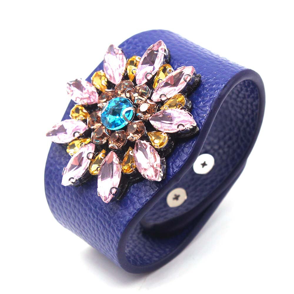 D&amp;D European Punk Wide Crystal flowers Leather Bracelets &amp; Bangles for Women Cuff Bracelet Statement Jewelry