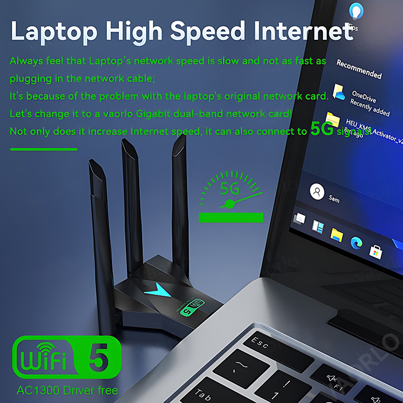 VAORLO 1300Mbps WiFi USB Adapter Dual Band 2.4G/5Ghz Wi-Fi Dongle 802.11AC Powerful Antenna Wireless Receiver For PC/Laptop