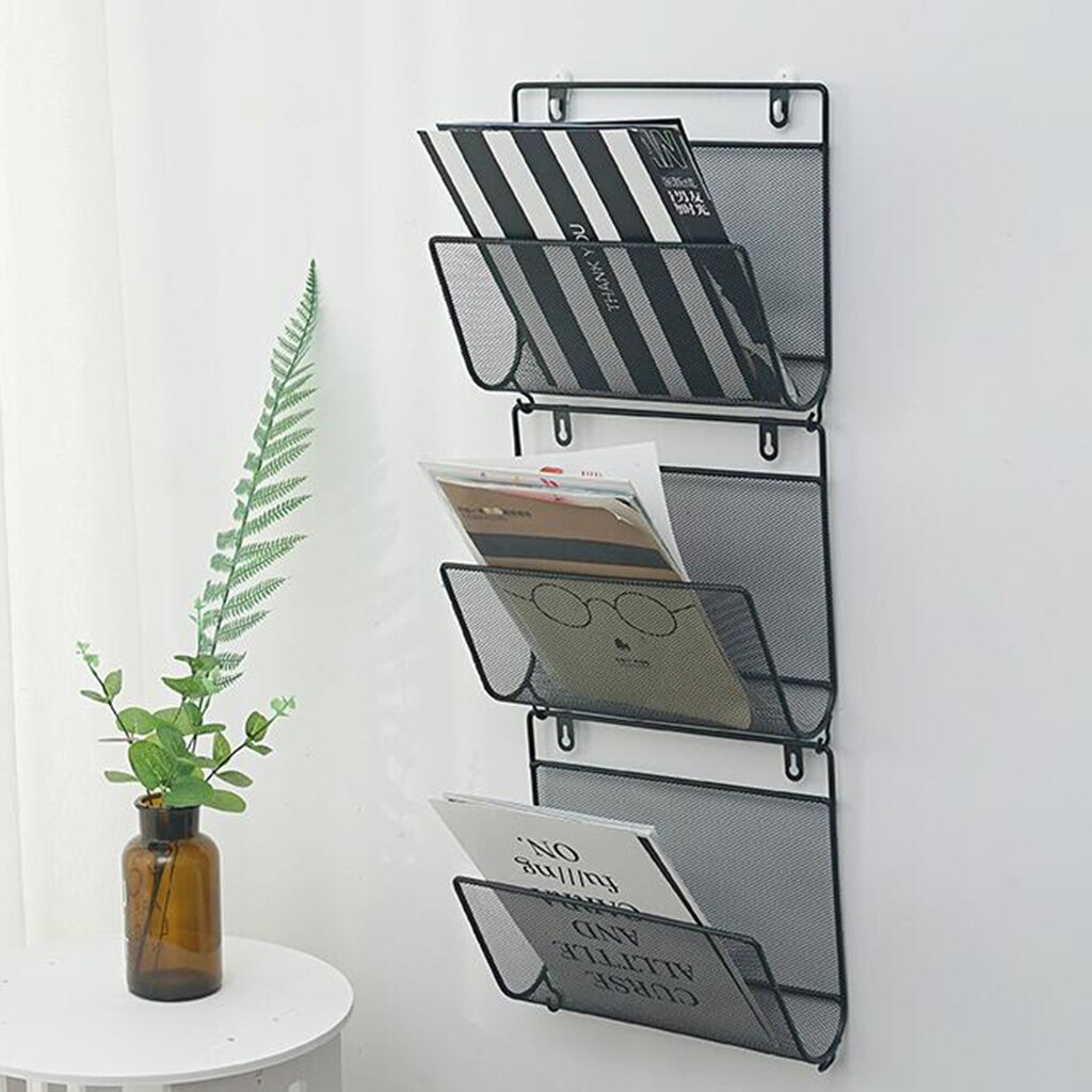 IRON MAGAZINE RACK WALL MOUNTED NEWSPAPER MAILS POSTS CARDS SHELF STORAGE HOLDER FOR HOME OFFICE: Black