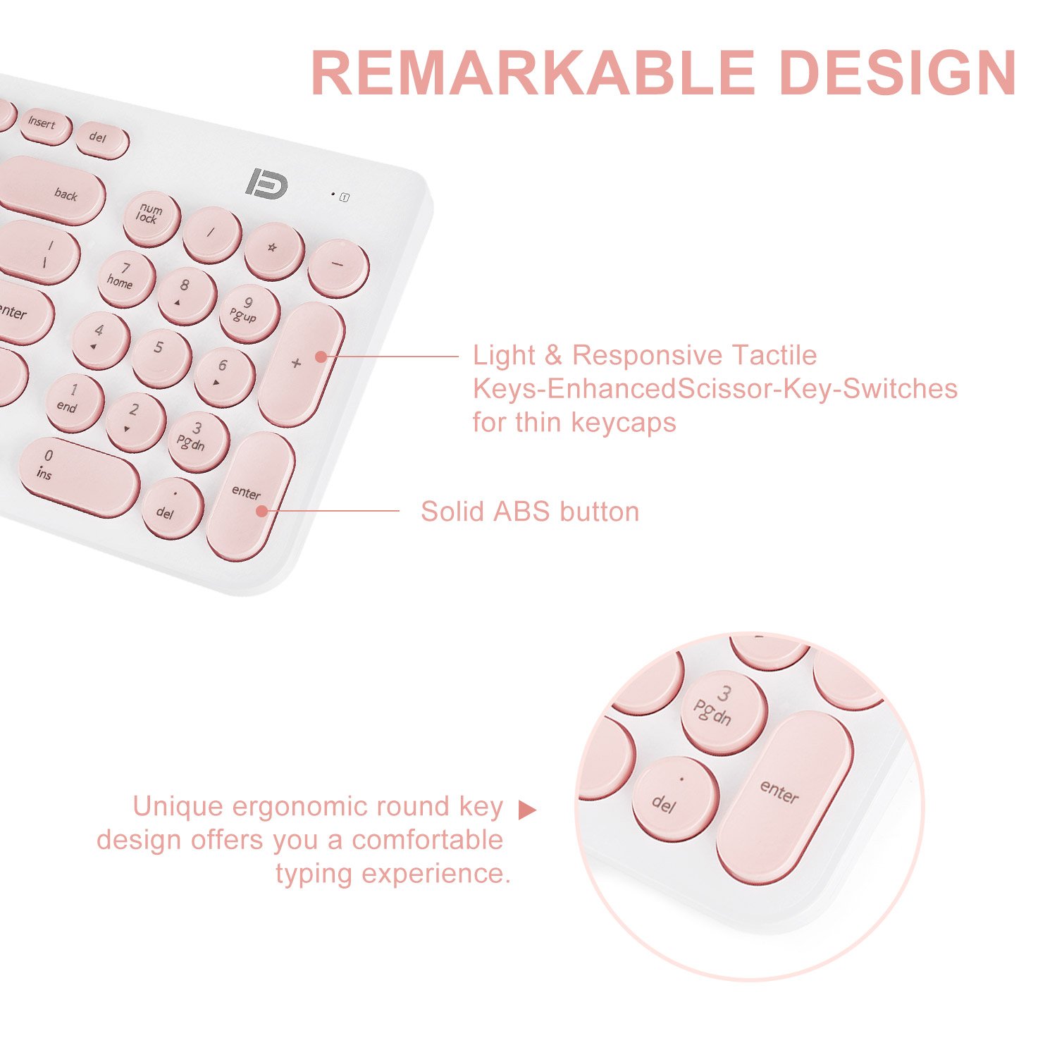Wireless Keyboard and Mouse Combo, FD iK6630 2.4GHz Cordless Cute Round Key Smart Power-Saving Whisper-Quiet Slim Combo for PC