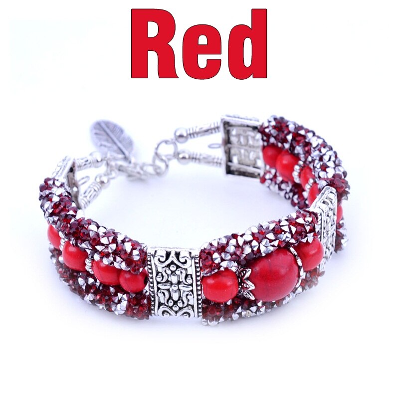 MNWT Boho Jahrgang Türkisen Verkrustete Armbänder für Frauen Runde Perlen Hand Anhänger Helle Zirkon Frau Charme Armbinde Schmuck: rot