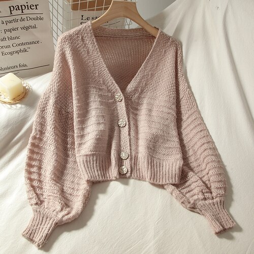 Gagarich kvinner genser løs kort strikket cardigan femme høst koreansk stil korte langermede v-hals uformelt topper: Rosa lilla
