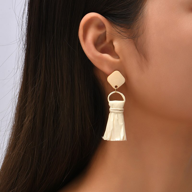 Simple Trendy Female Handmade Woven Vine Rattan Straw Earrings For Women Boho Square Geometric Wood Dangle Earring Jewelry