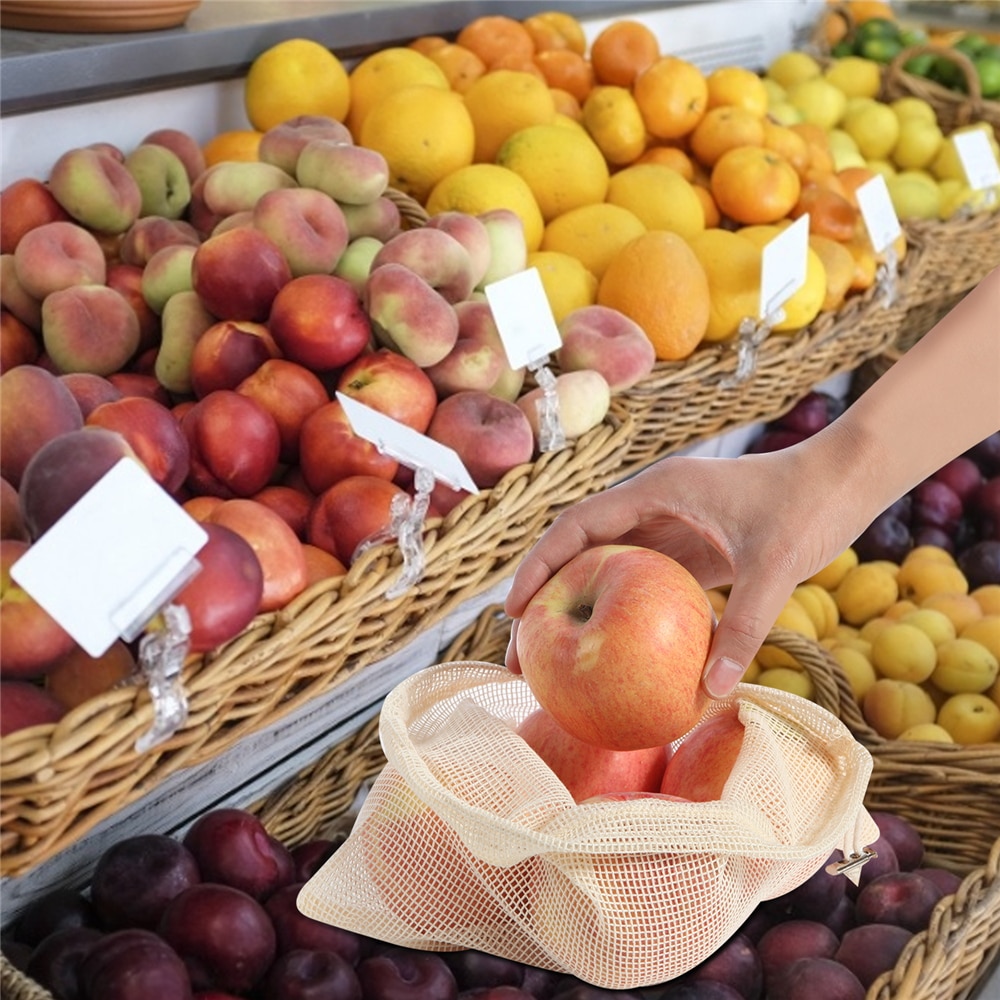 Biologisch katoenen netzak, herbruikbare netzakken voor groenten en fruit, milieuvriendelijke groente- en fruitboodschappentas met trekkoord