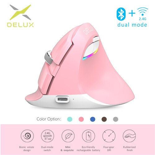 Delux-ratón Vertical inalámbrico M618Mini, dispositivo ergonómico con Bluetooth, batería recargable de 2,4 GHz, RGB, para muñeca y mano: Cherry powder