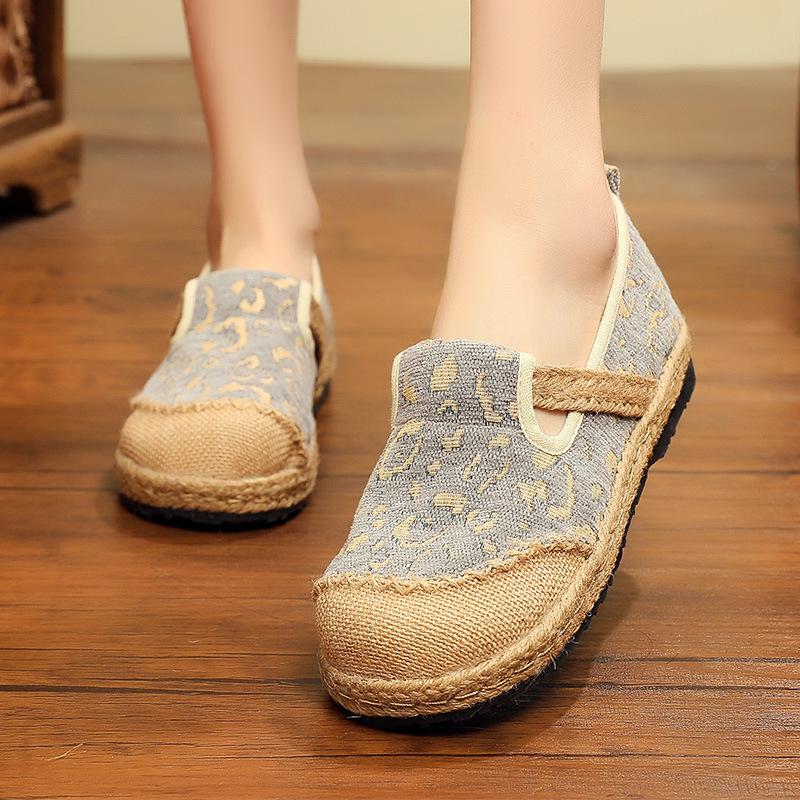 Johnature Lente/herfst Handgemaakte Retro Ronde Neus Luipaard Ondiepe Doek Slip Op Schoenen Voor Vrouwen Linnen Katoen schoenen Platte: Grijs / 4